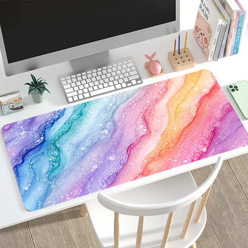 Desk Setup In Office - Vibrant Rainbow Glitter Marble Large Mouse
