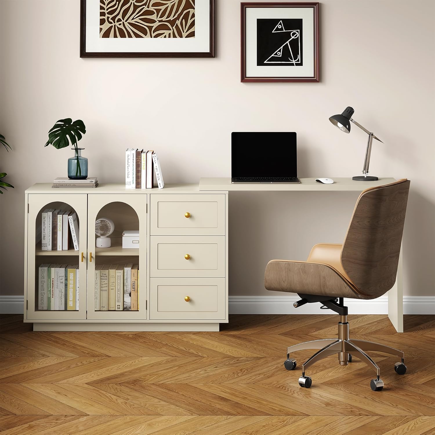 Desk Setup Beige - L Shaped Extendable Rotatable Computer Desk