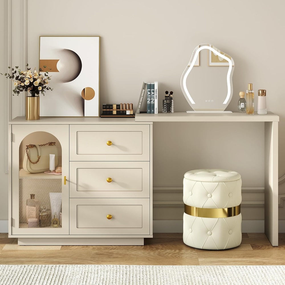59” Large Makeup Vanity Desk,  - огляд і ціна Desk Setup Beige